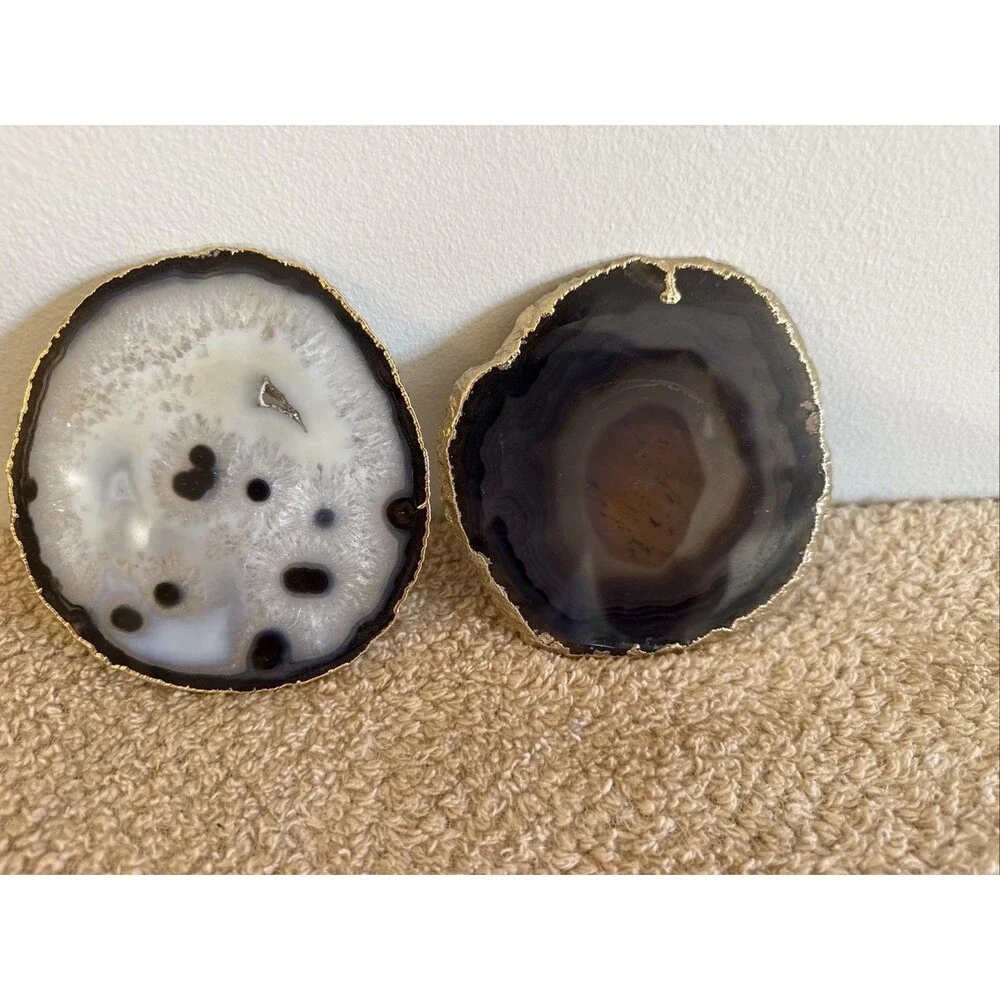 Natural Agate Coasters With Gold Electroplated Edges Set Of 2